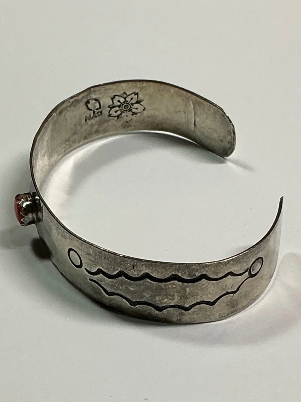 Loma Siiva Child’s Vintage Sterling Silver Open Cuff Bracelet W/ Red stone. 1.75